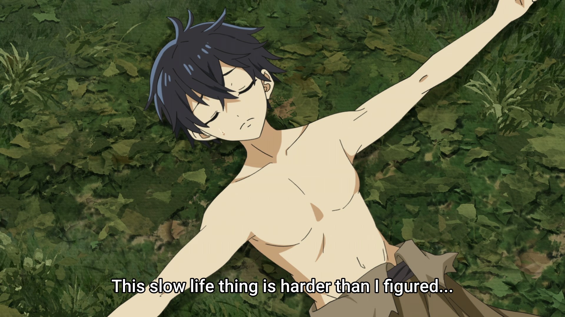 this slow life is harder than I figured, thinks a half naked, nippleless Ryo lying on the ground looking sad